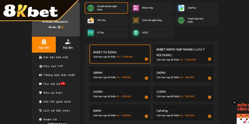 Nạp và rút tiền 8KBet vào tài khoản cá cược